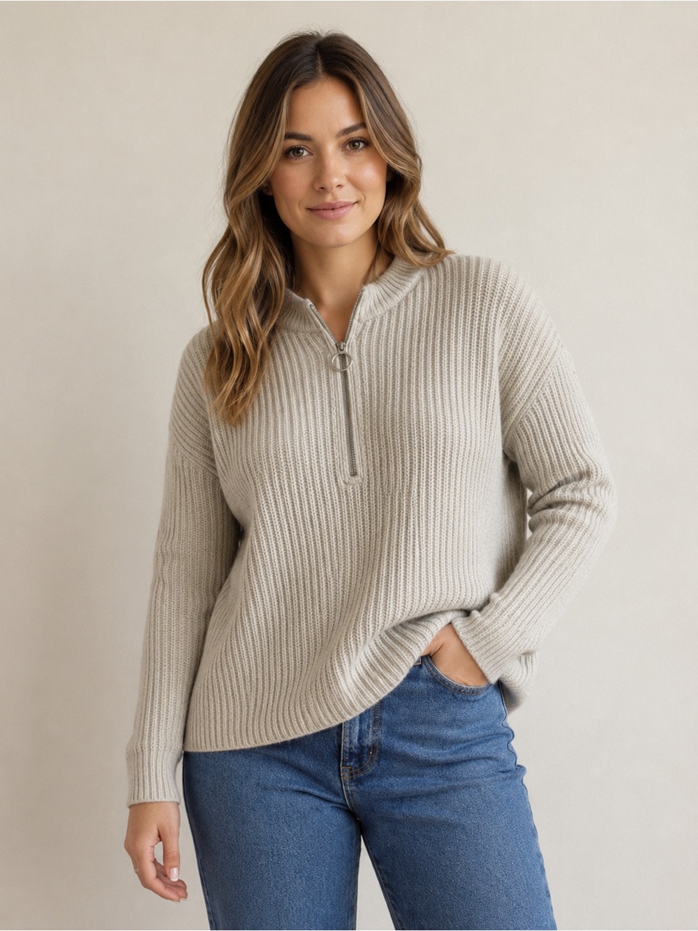 All Saints ecru rib knit wool cashmere half zip Oversize sweater XS